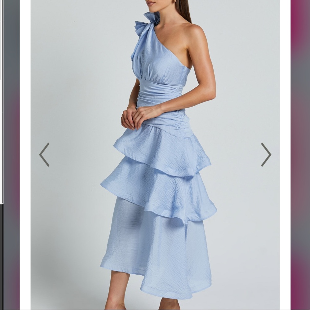 NWT EUGENIA MIDI DRESS - ONE SHOULDER FIT AND FLARE LAYERED DRESS IN PALE BLUE
